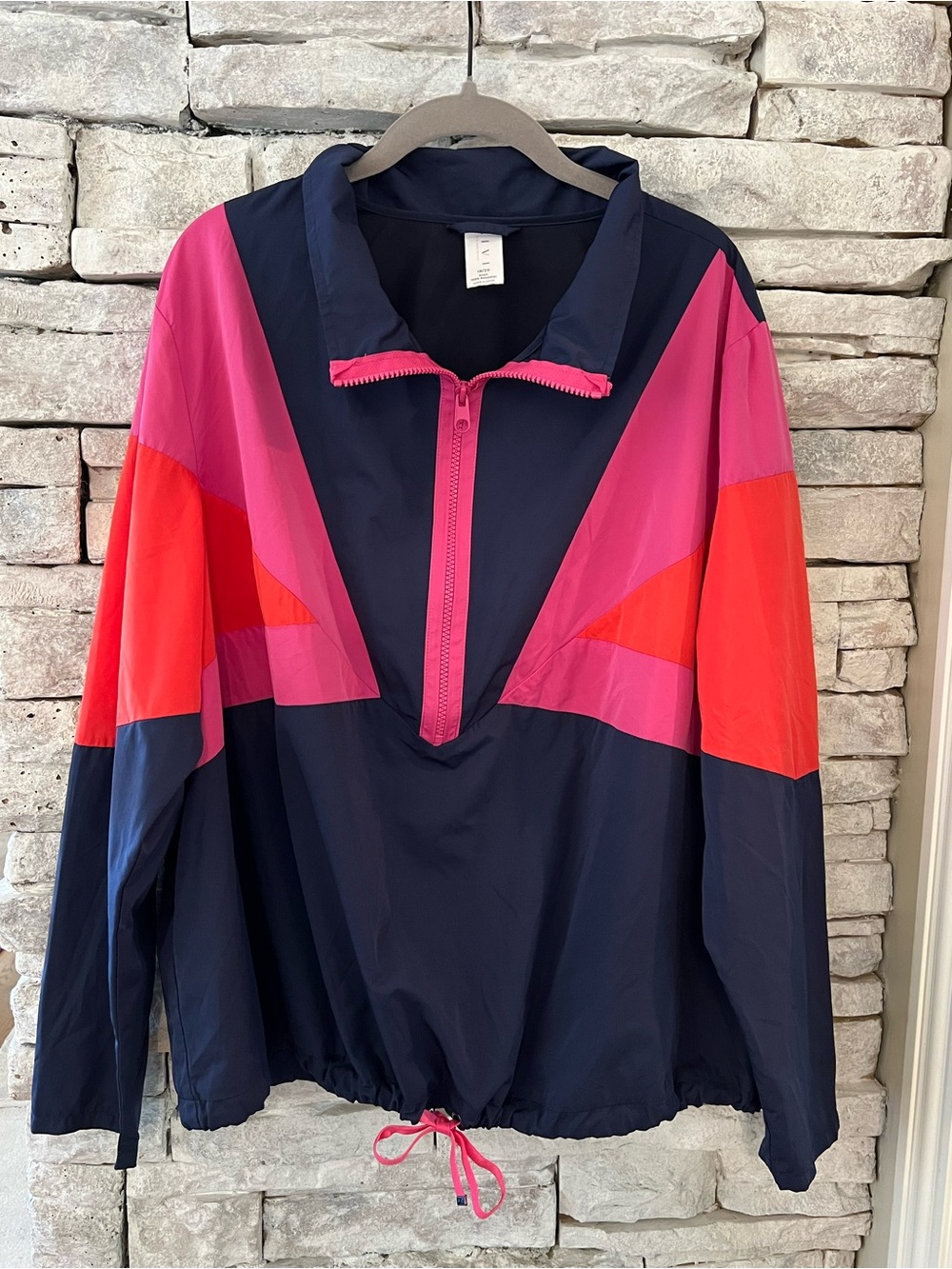 LIVI Active by Lane Bryant Navy Windbreaker Pullover with Pink & Coral Panels